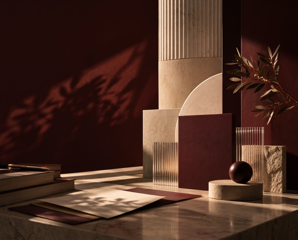 Arquitetura modernista com concreto, vidro e detalhe vinho